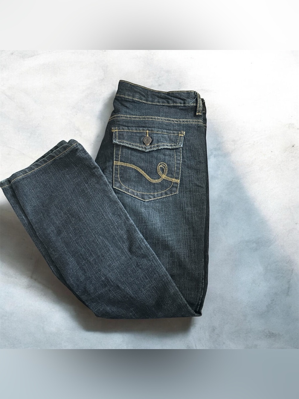 Women’s Dark Wash Blue Jeans with Contrast Stitching, APT 9 brand